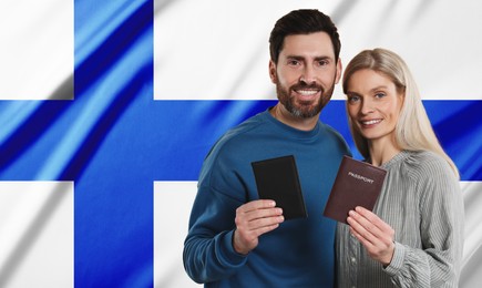 Immigration. Happy couple with passports against national flag of Finland, space for text. Banner design