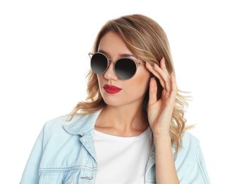 Photo of Young woman wearing stylish sunglasses on white background