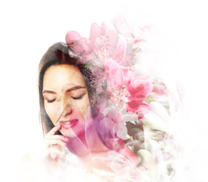 Double exposure of beautiful woman and blooming flowers