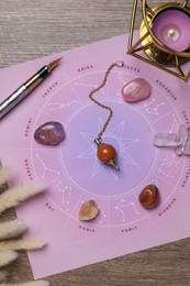 Photo of Astrology prediction. Zodiac wheel, gemstones, pendulum and burning candle on wooden table, flat lay