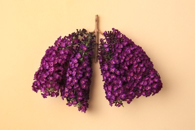 Photo of Human lungs made of purple flowers on beige background, flat lay