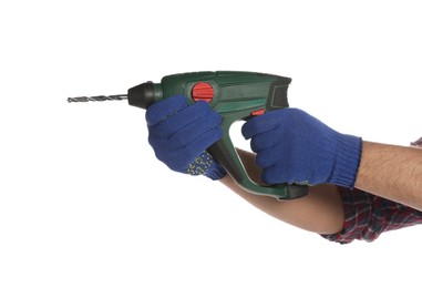 Photo of Worker with power drill on white background, closeup