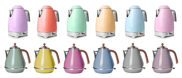 Image of Set with stylish electrical kettles on white background. Banner design