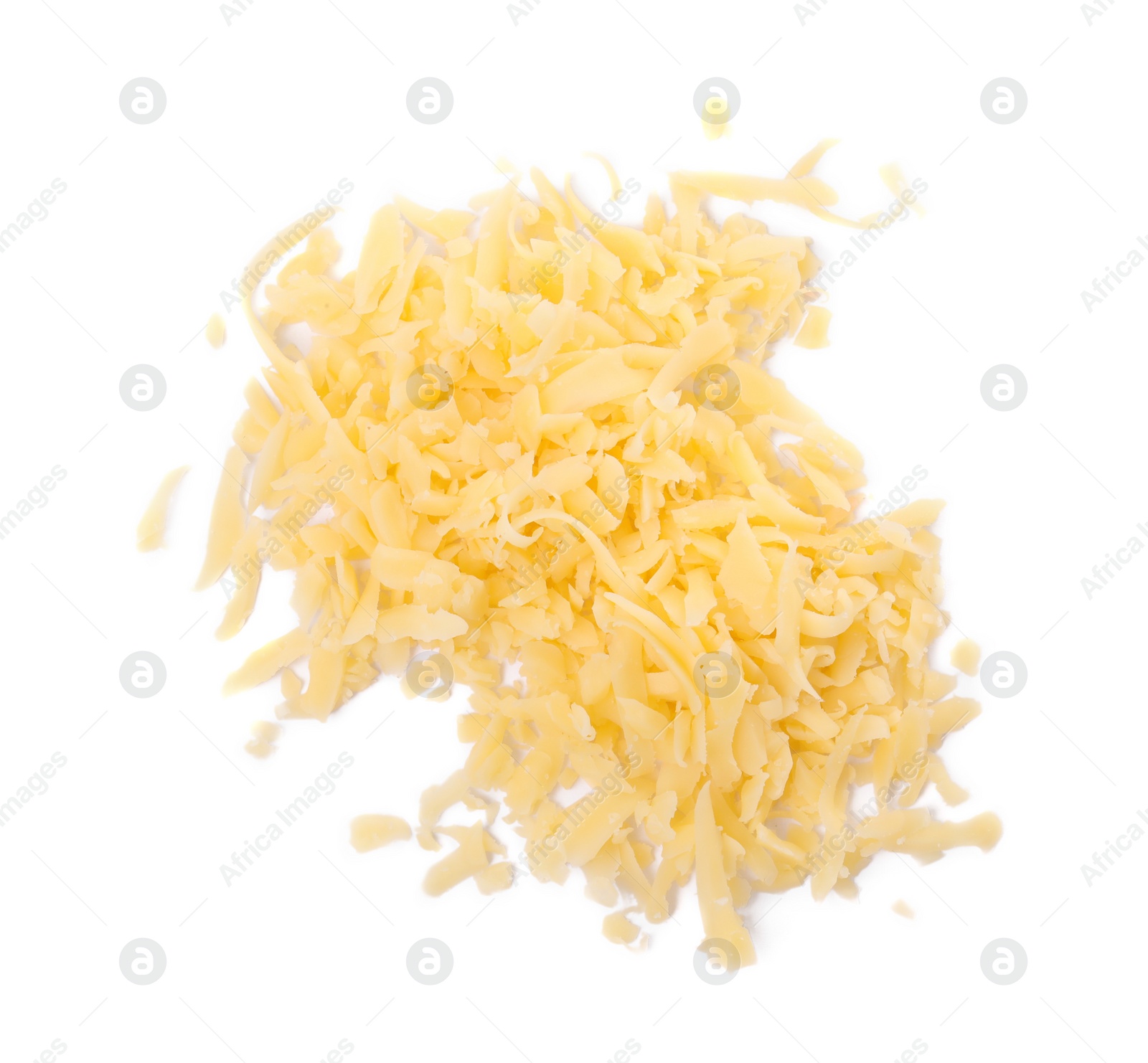 Photo of Pile of tasty grated cheese isolated on white, top view