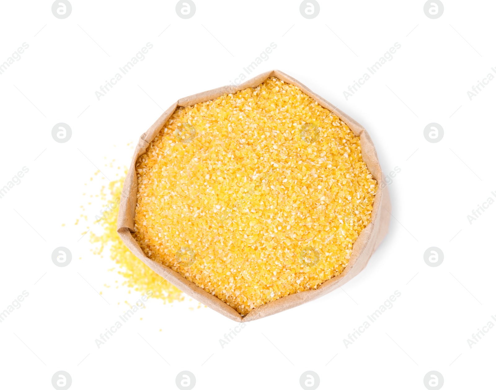 Photo of Raw cornmeal in paper bag isolated on white, top view