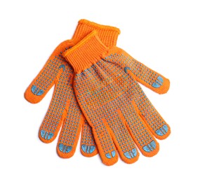 Photo of Orange gardening gloves on white background, top view