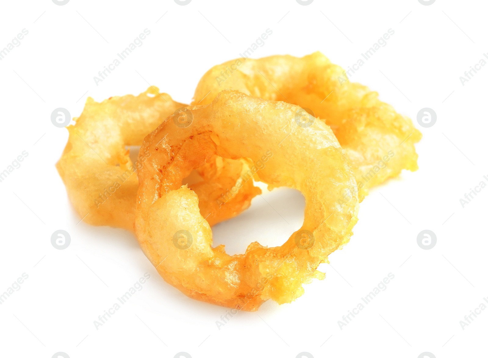 Photo of Delicious golden breaded and deep fried crispy onion rings on white background