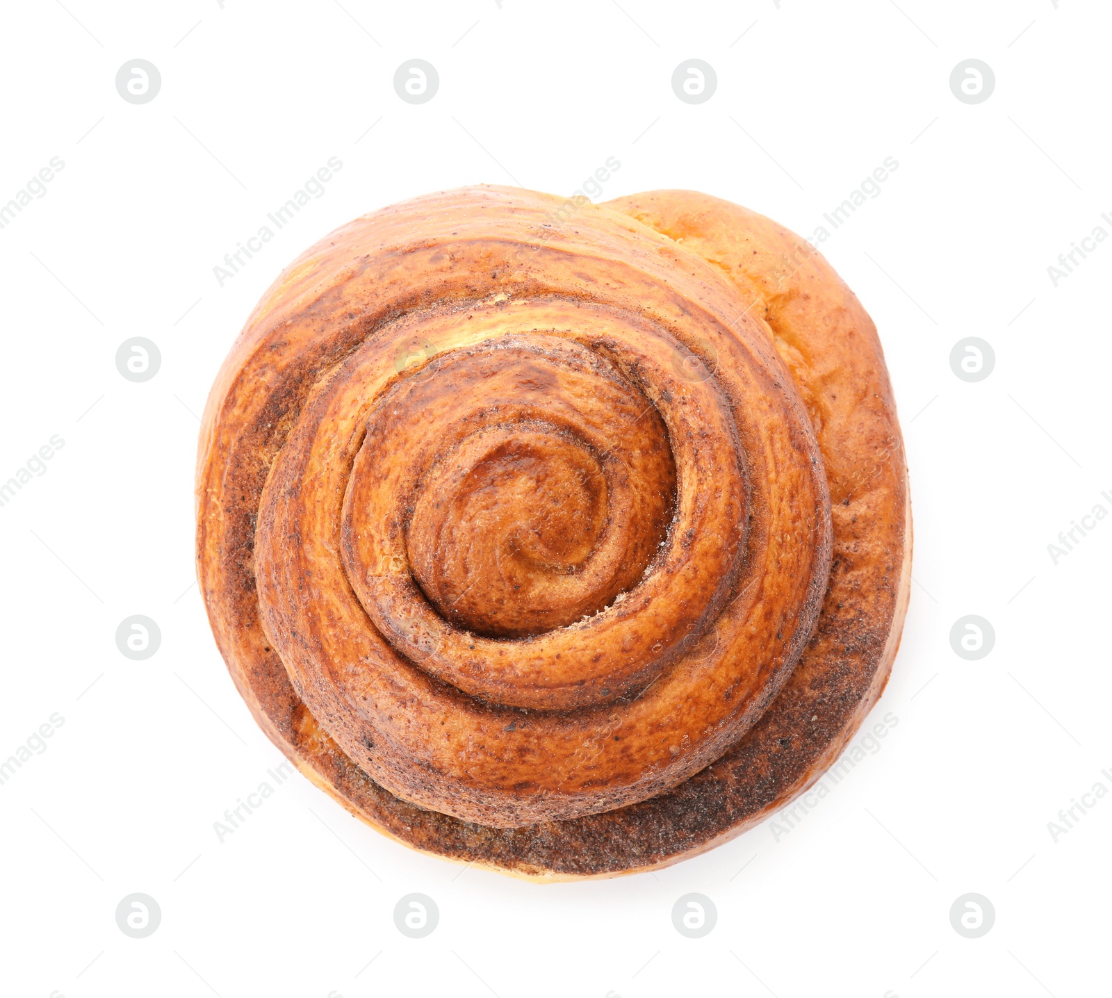 Photo of Freshly baked cinnamon roll on white background, top view