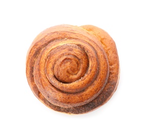 Photo of Freshly baked cinnamon roll on white background, top view