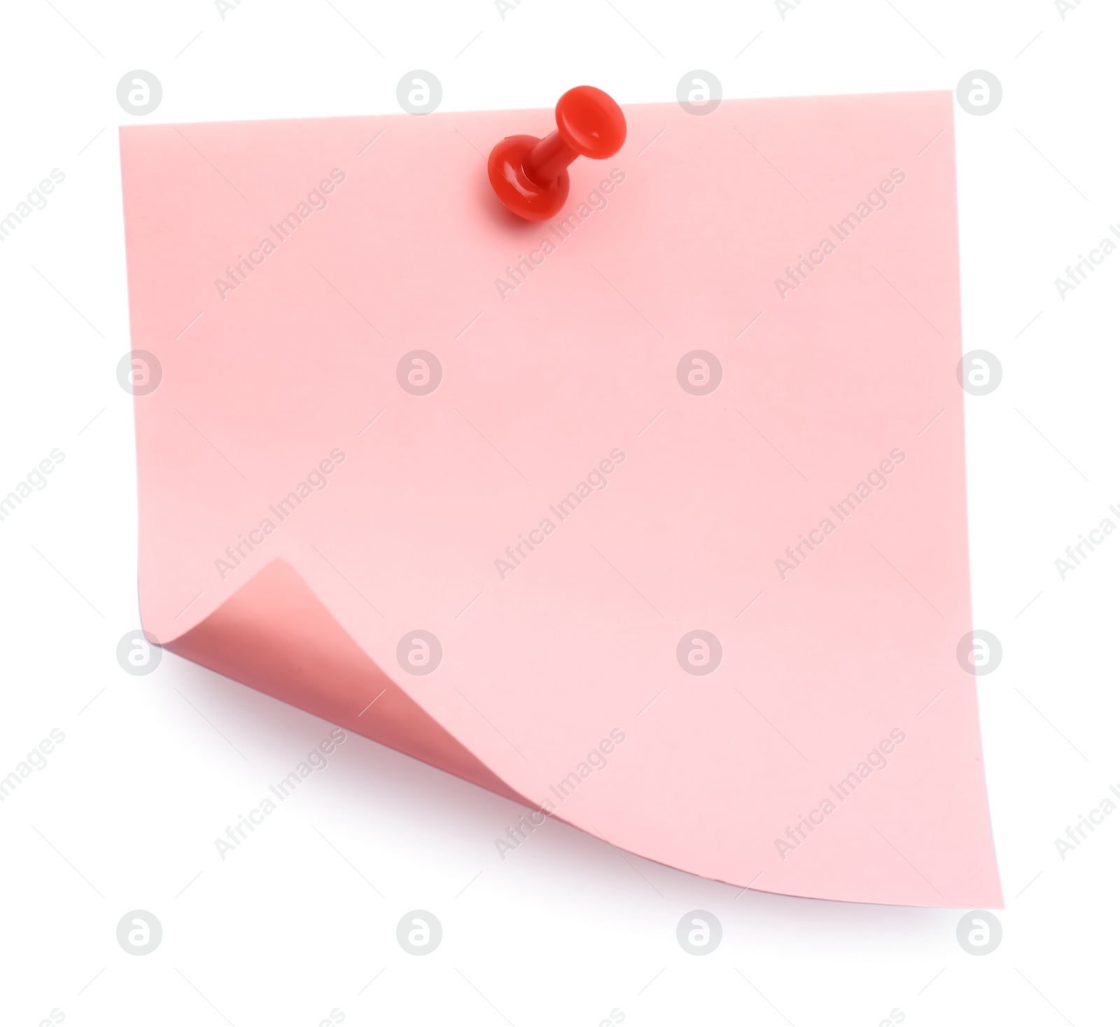 Photo of Blank pink note pinned on white background, top view