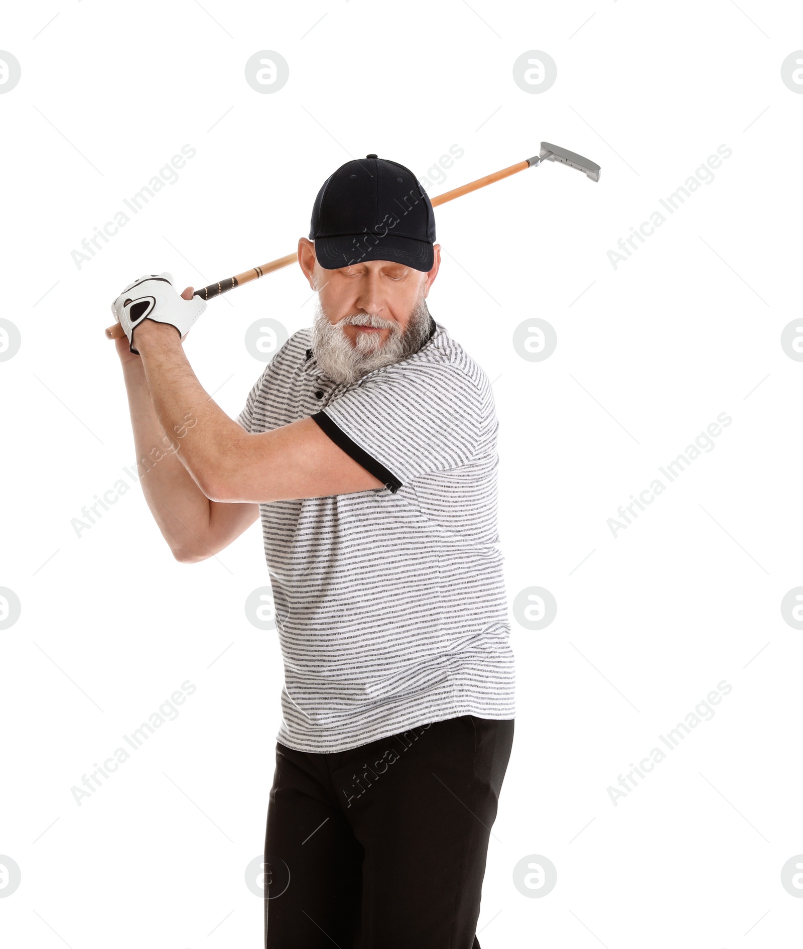 Photo of Senior man playing golf on white background