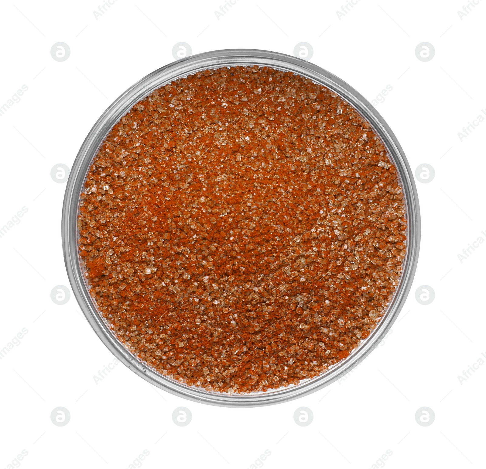 Photo of Glass bowl with brown food coloring isolated on white, top view