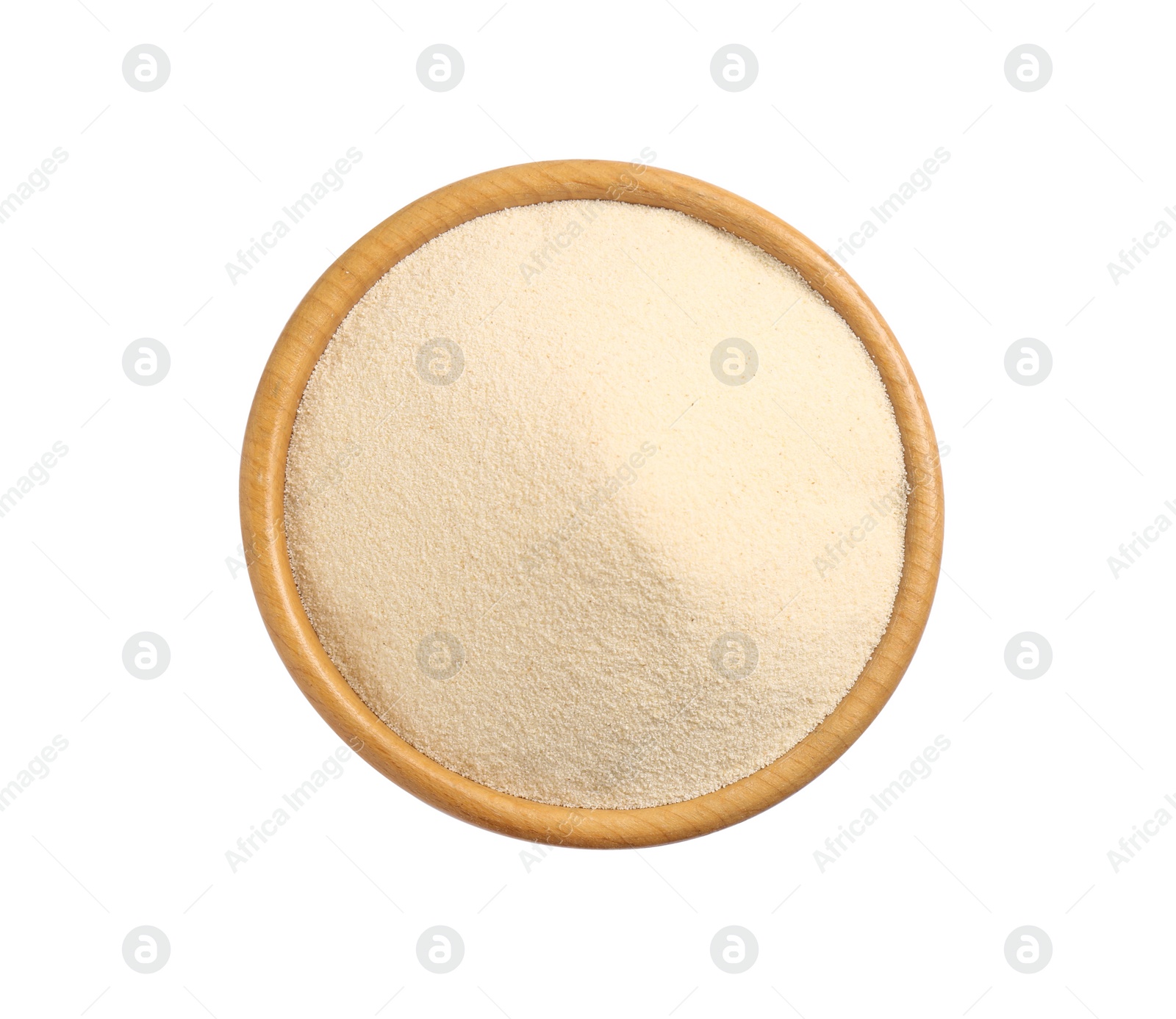 Photo of Uncooked semolina in bowl isolated on white, top view