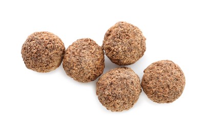 Photo of Delicious chocolate truffles on white background, top view