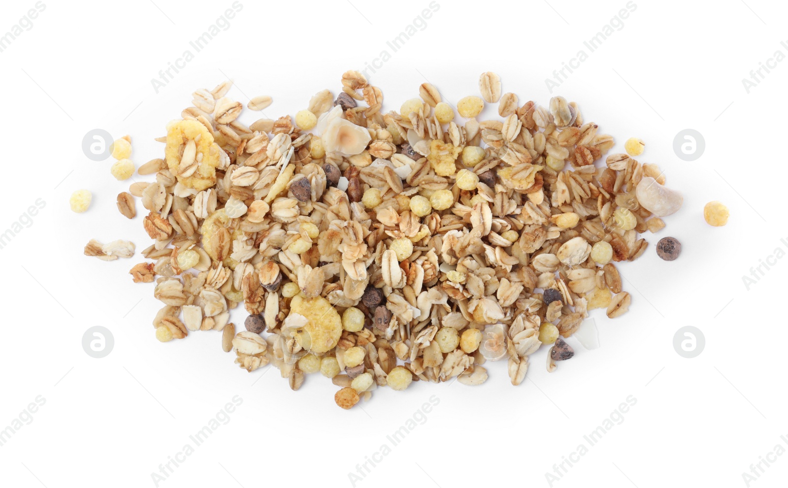 Photo of Pile of granola on white background, top view. Healthy snack