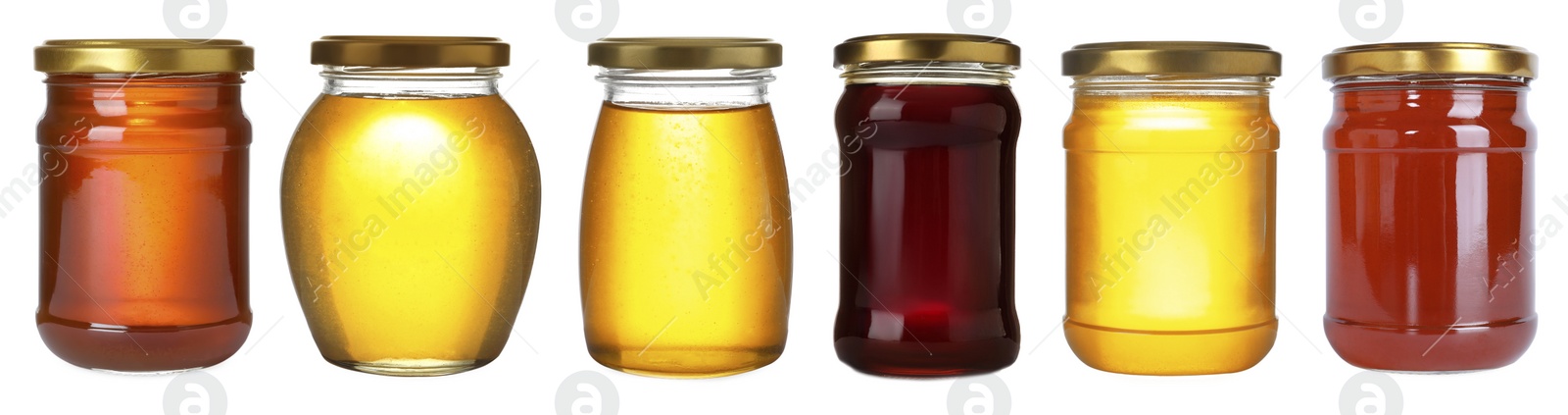 Image of Set of different jars with organic honey on white background. Banner design 