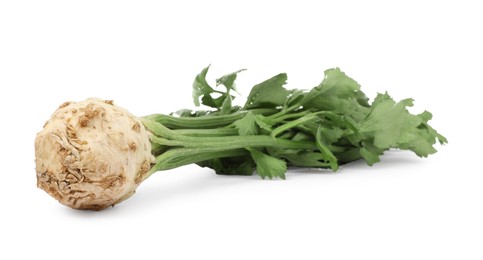 Photo of Fresh raw celery root with stalks isolated on white