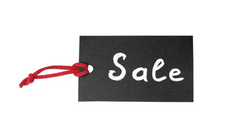 Photo of Tag with word Sale isolated on white. Black Friday