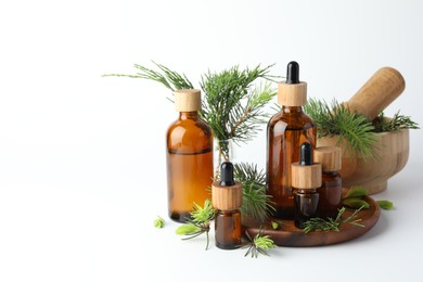 Aromatherapy. Different essential oils, fir twigs, mortar and pestle on white background, space for text