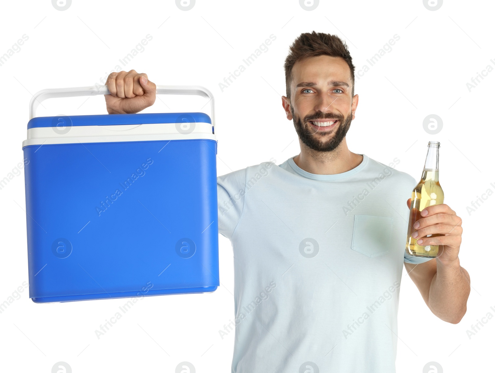 Photo of Happy man with cool box and bottle of beer on white background