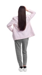 Photo of Businesswoman standing on white background, back view