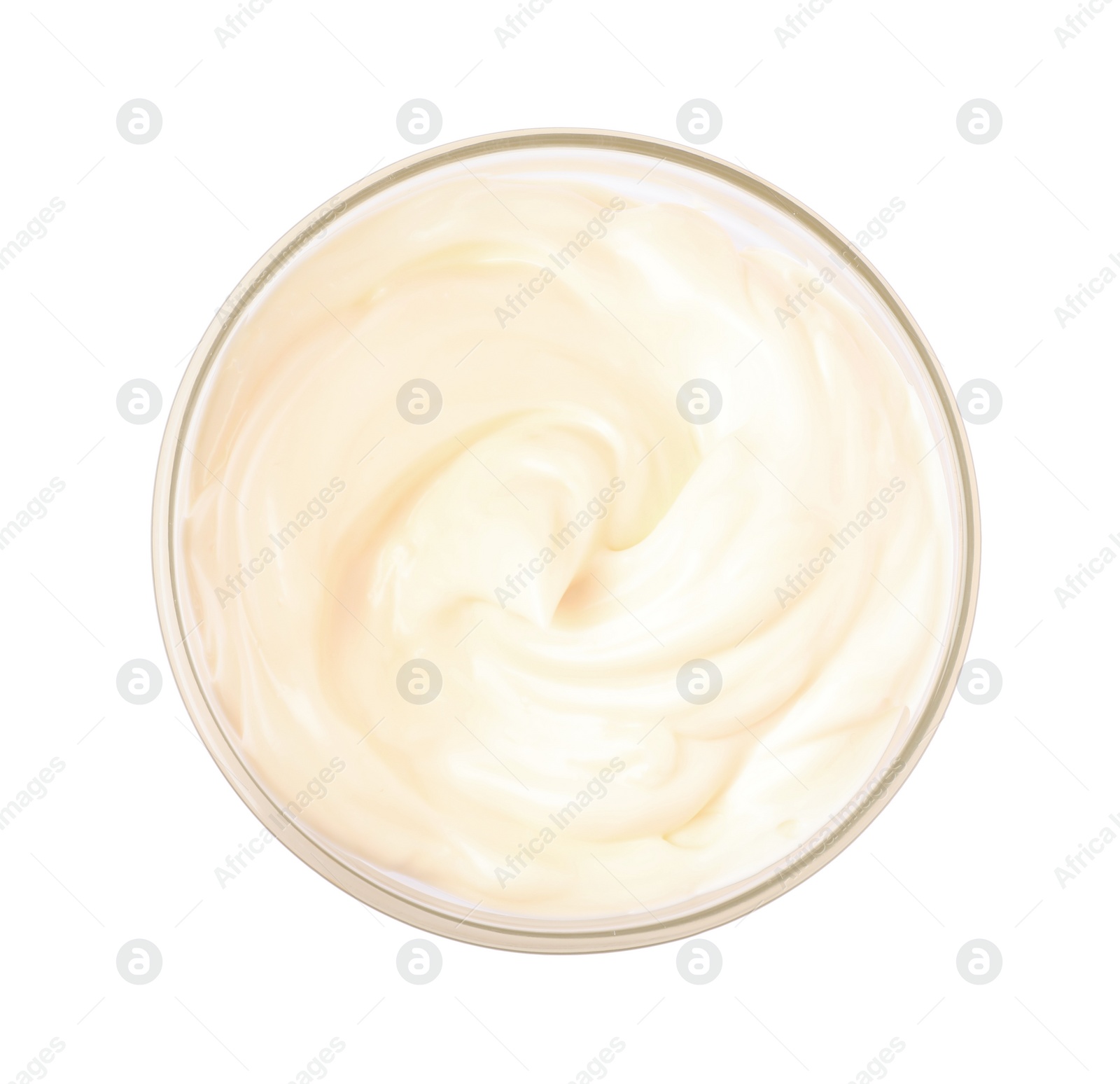 Photo of Tasty mayonnaise in glass bowl isolated on white, top view