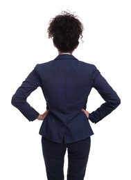 Photo of Businesswoman in suit on white background, back view