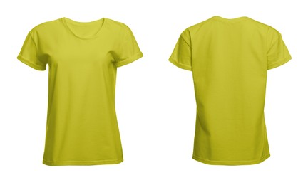 Image of Front and back views of light yellow women's t-shirt on white background. Mockup for design