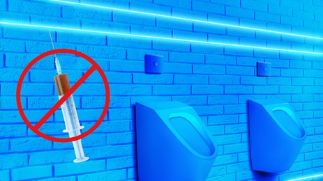 Ceramic urinals in men's public restroom lit with UV blue light