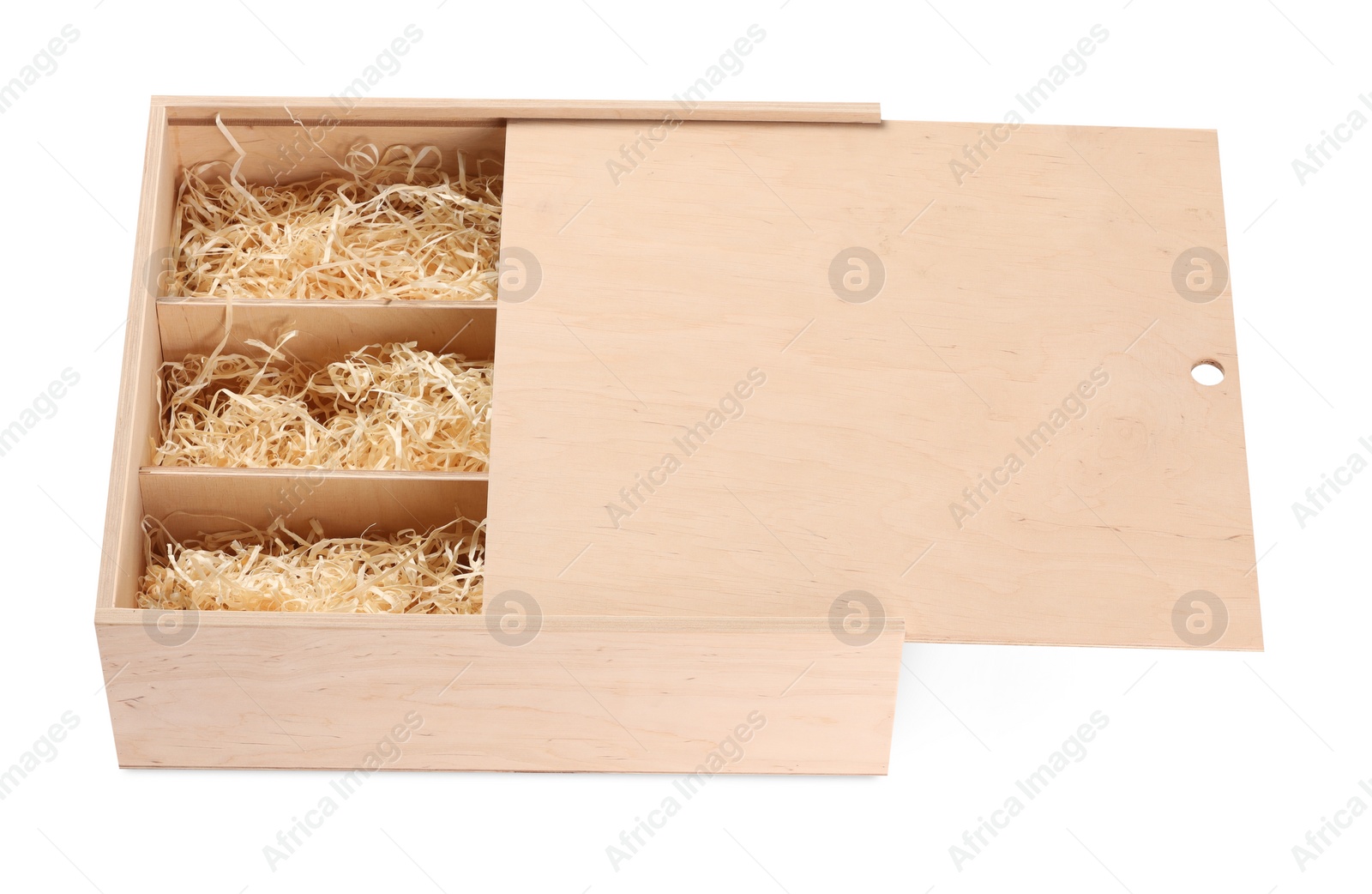 Photo of Open wooden wine box with straw isolated on white