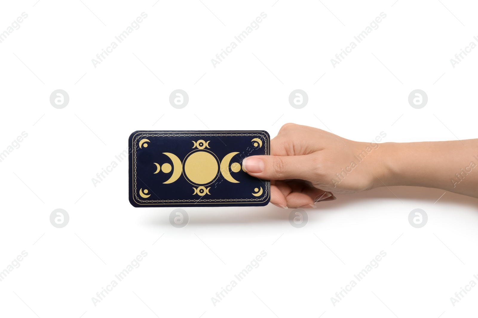 Photo of Woman holding tarot card on white background, closeup