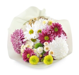 Photo of Bouquet of beautiful chrysanthemum flowers isolated on white