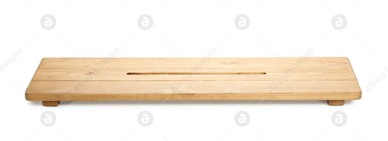 Photo of One wooden bathroom tray on white background