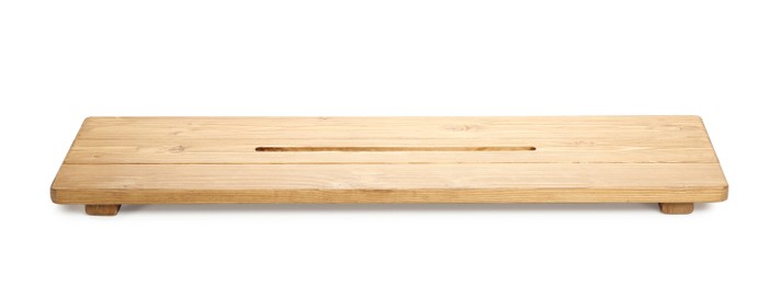 Photo of One wooden bathroom tray on white background