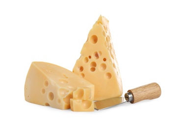Pieces of delicious cheese and knife on white background
