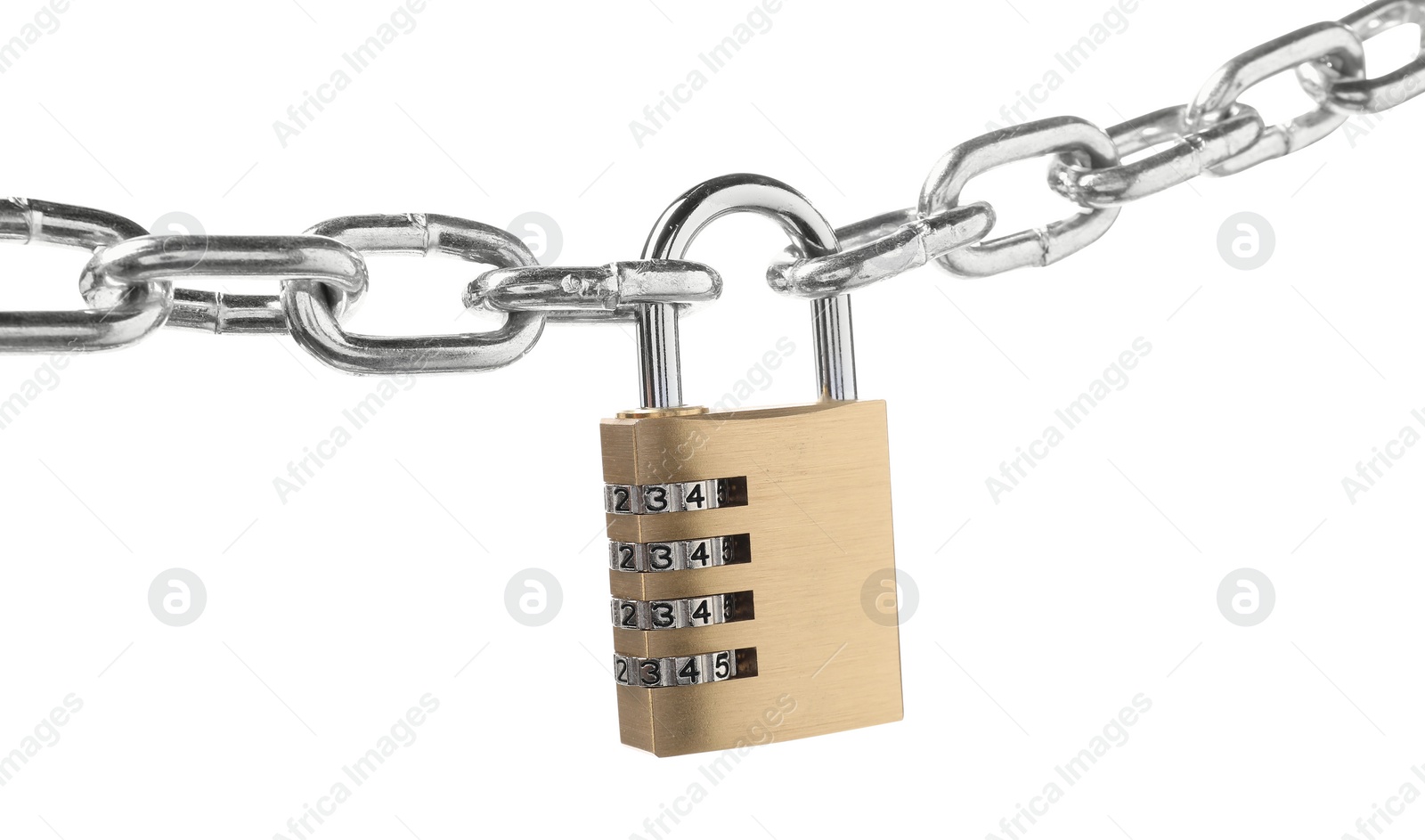 Photo of Steel combination padlock and chain isolated on white