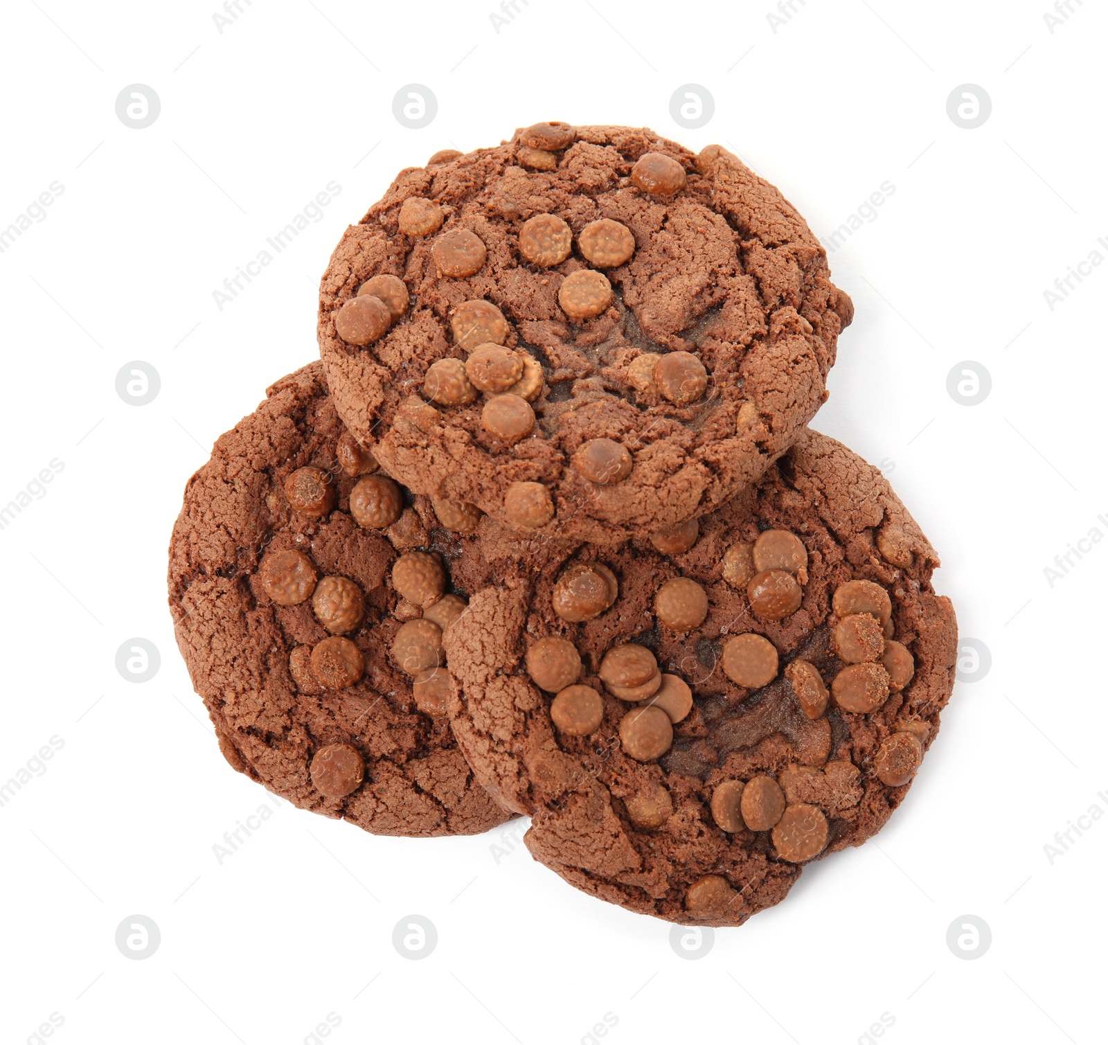 Photo of Delicious chocolate chip cookies on white background, top view