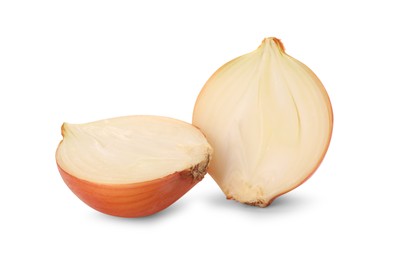 Halves of fresh onion on white background