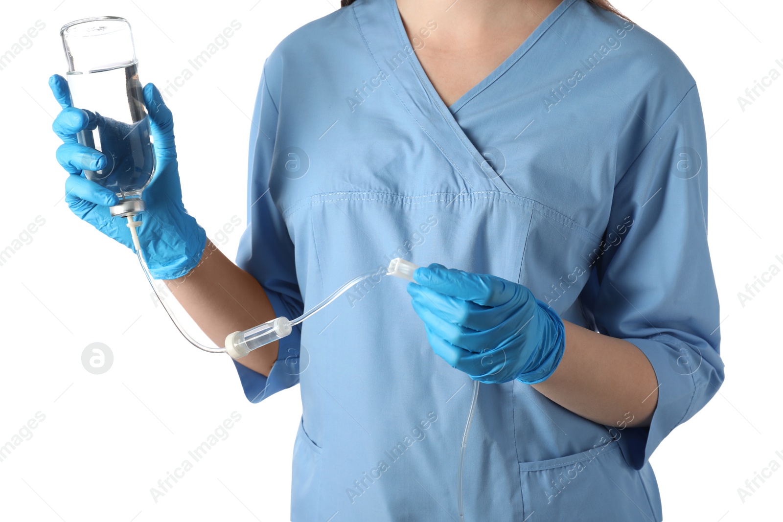 Photo of Nurse with IV infusion set on white background, closeup