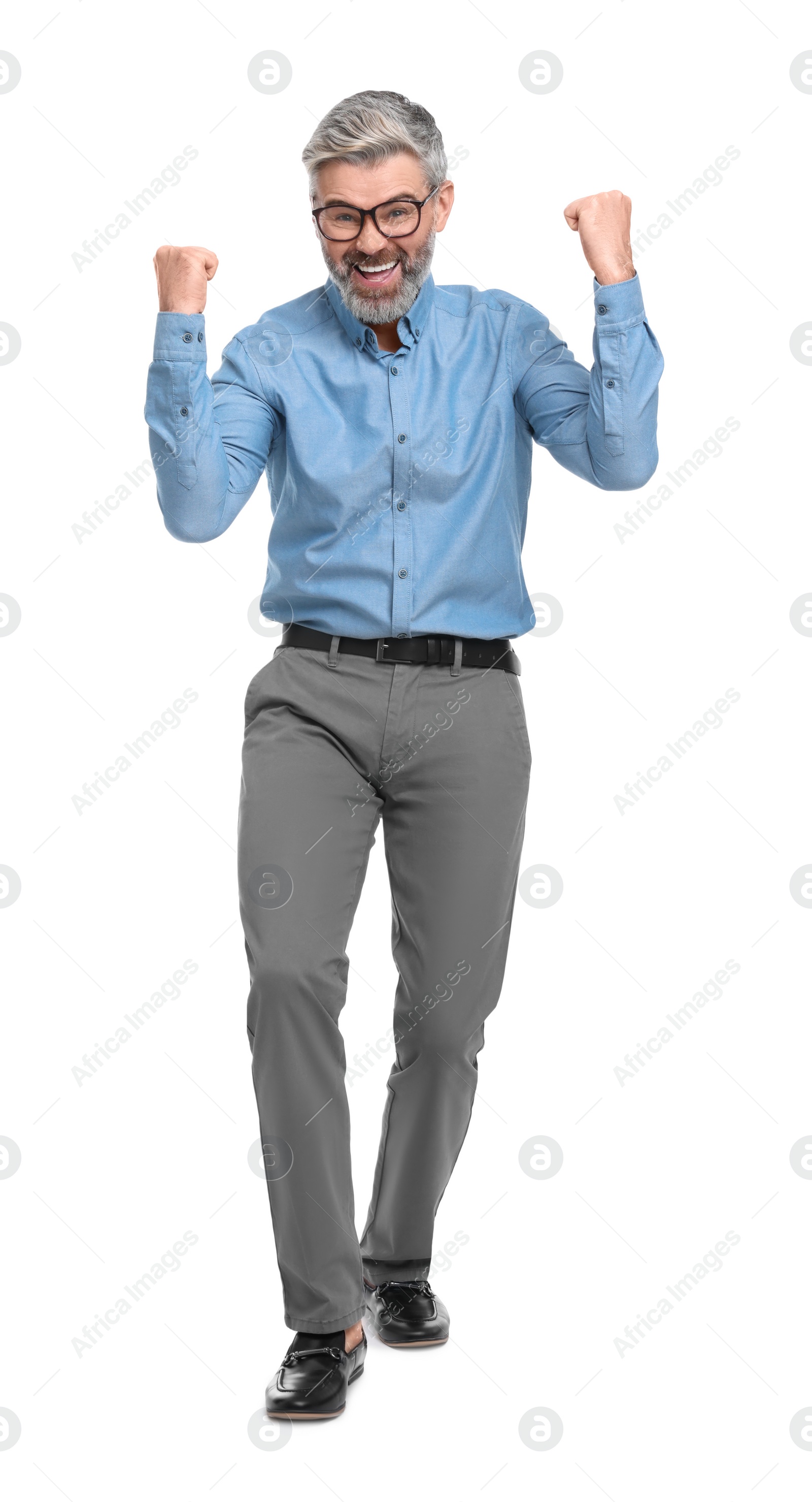 Photo of Mature businessman in stylish clothes posing on white background