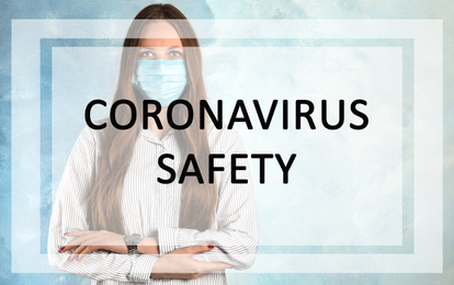 Image of Woman with surgical mask on face against light blue background. Coronavirus safety