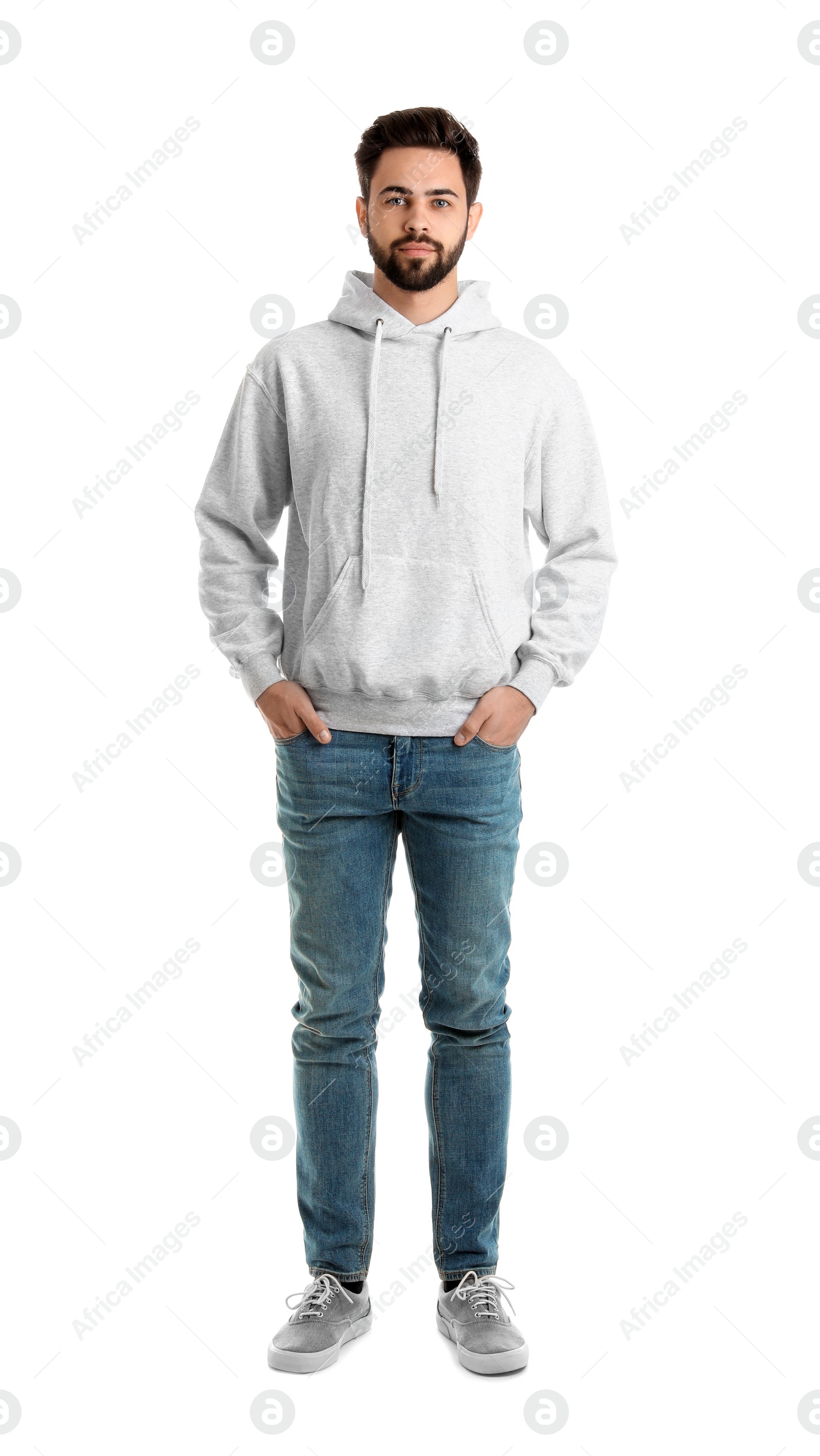 Photo of Full length portrait of young man in sweater isolated on white. Mock up for design