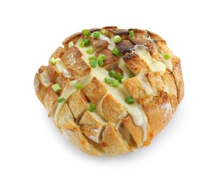 Photo of Delicious bread with tofu cheese and green onions isolated on white