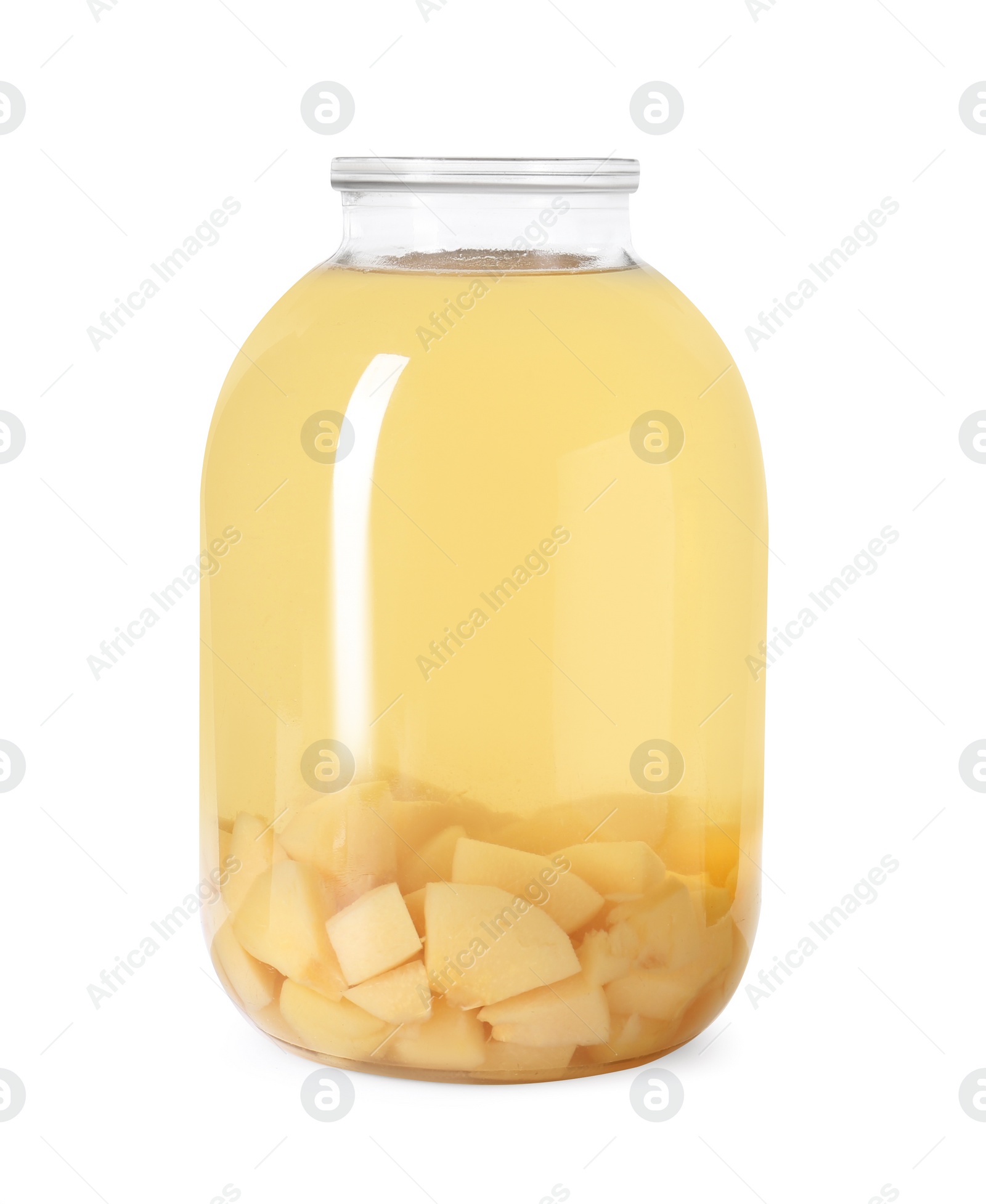 Photo of Delicious quince drink in glass jar isolated on white