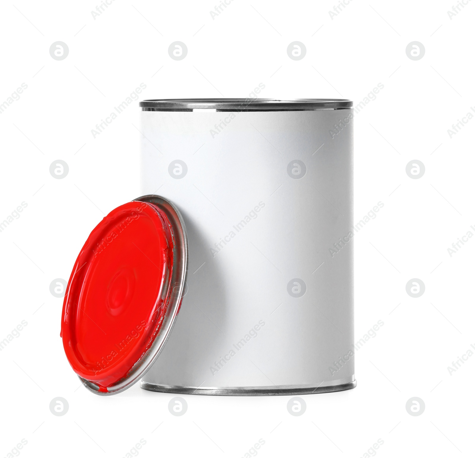 Photo of Open paint can and cap isolated on white