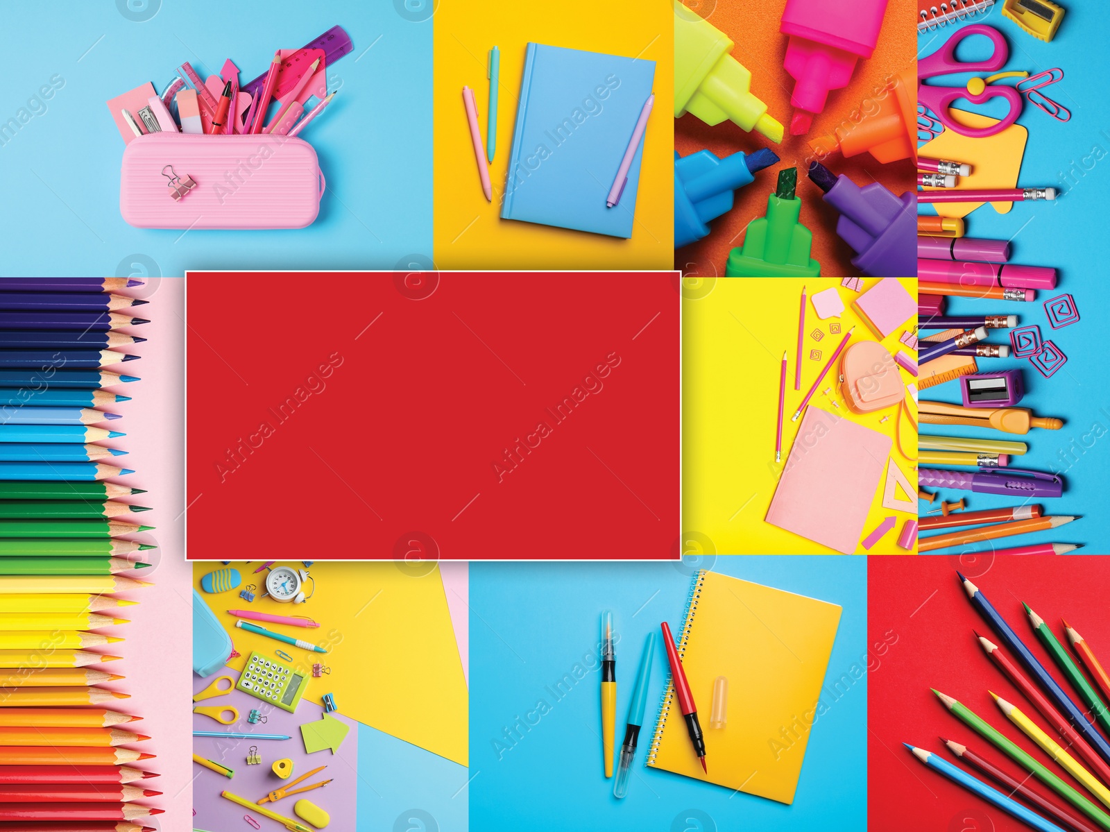 Image of Collage with photos of various school stationery on different color backgrounds, top view. Space for design