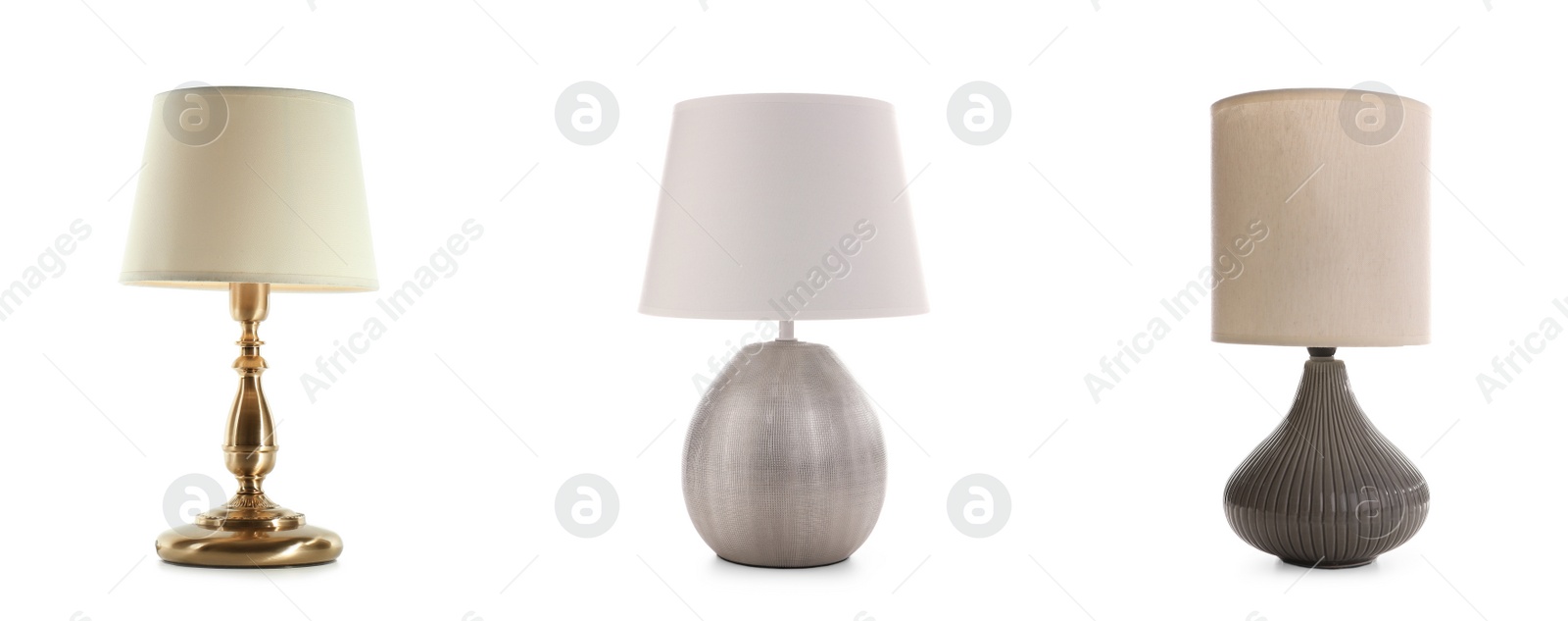 Image of Set with stylish night lamps on white background. Banner design