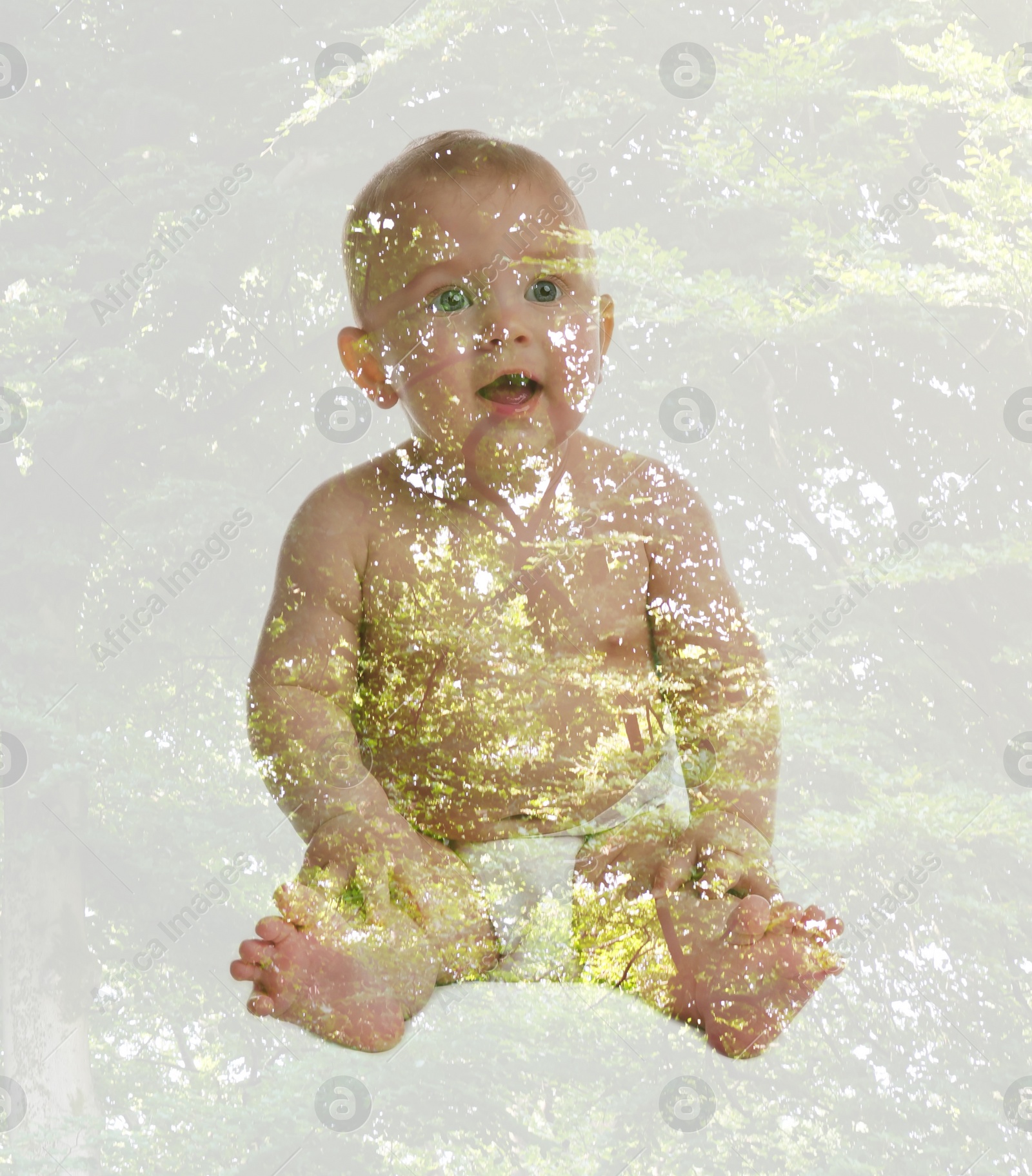 Image of Double exposure of cute little child and green trees
