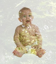 Double exposure of cute little child and green trees