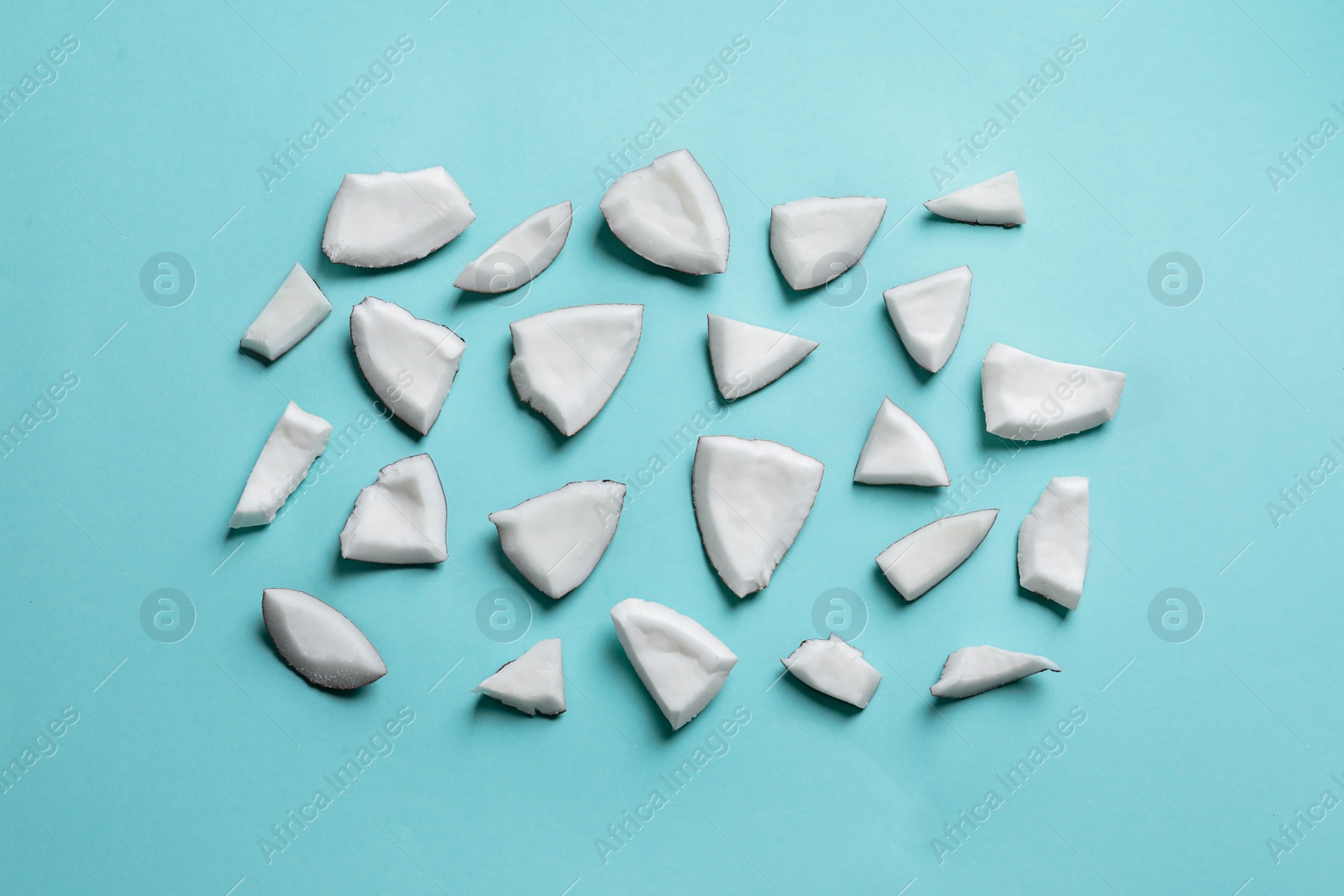 Photo of Coconut pieces on color background